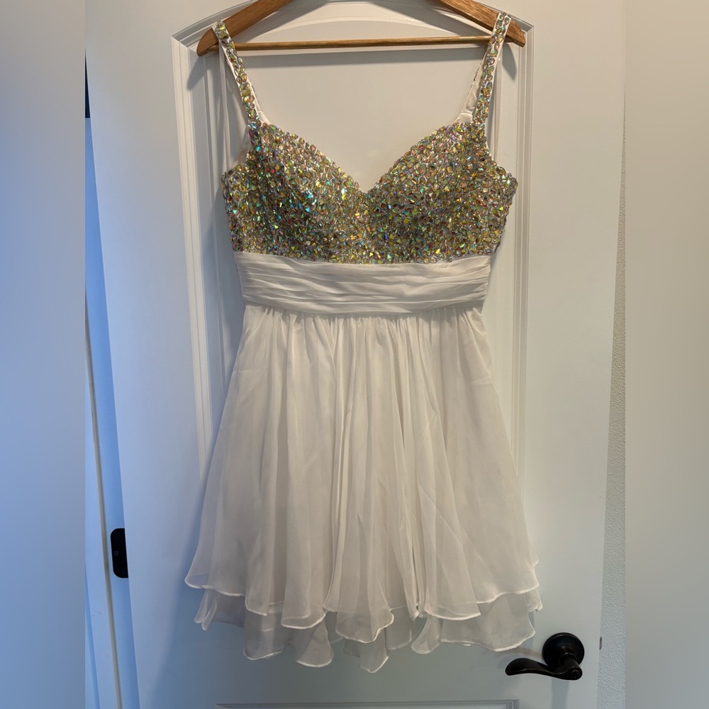 Le Femme Gold and White Embellished Prom Dress